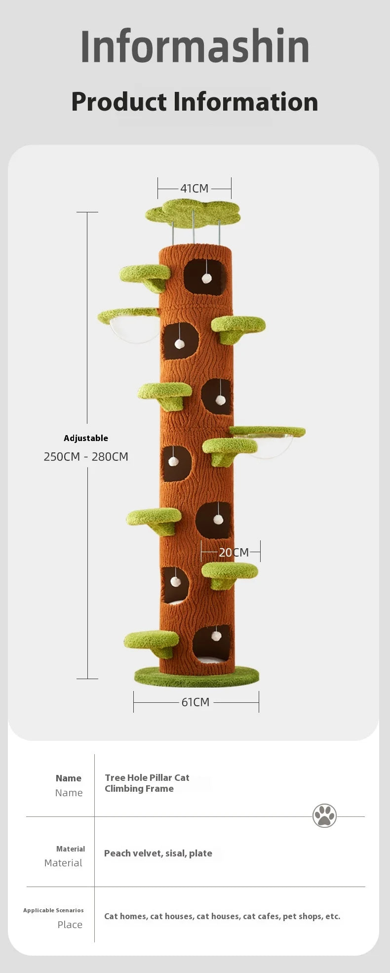 Cat Tree Adjustable Height Integrated Nest Climbing